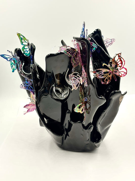 Black resin sculpture vase with butterflies