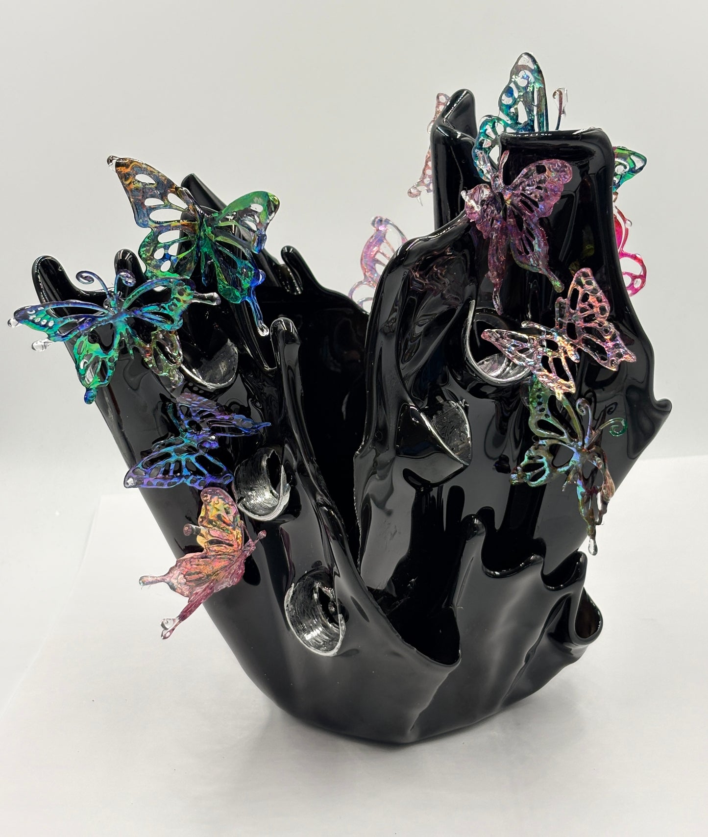 Black resin sculpture vase with butterflies