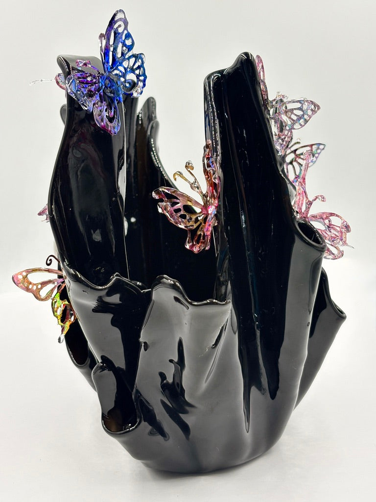Black resin sculpture vase with butterflies