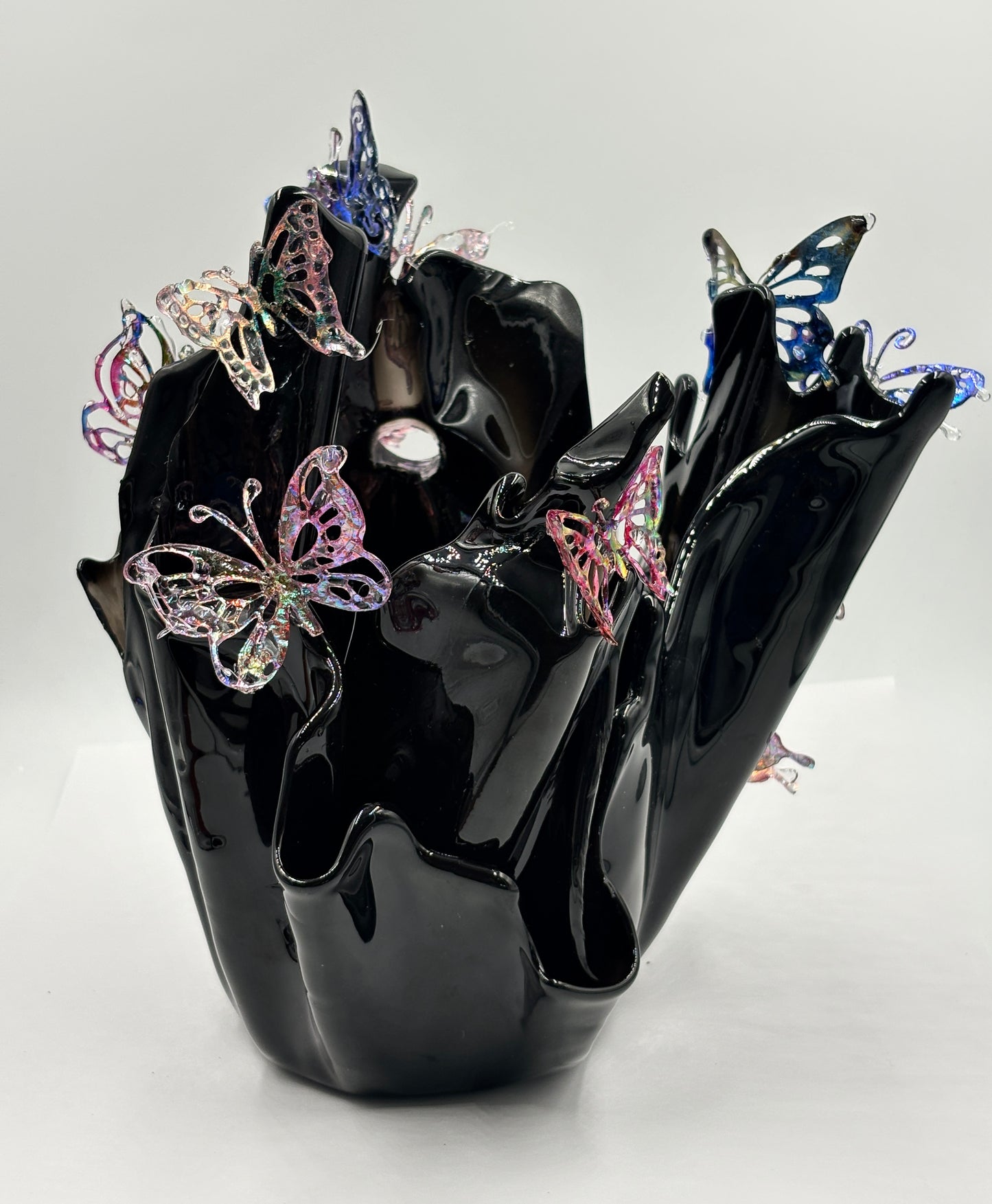 Black resin sculpture vase with butterflies
