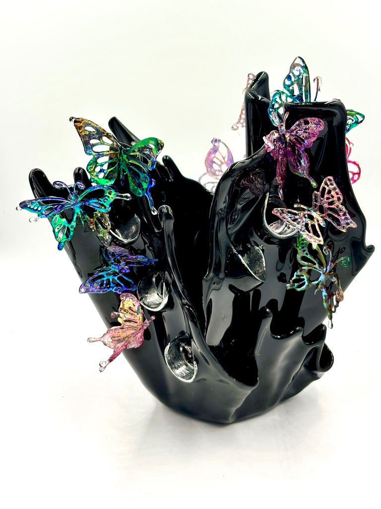 Black resin sculpture vase with butterflies