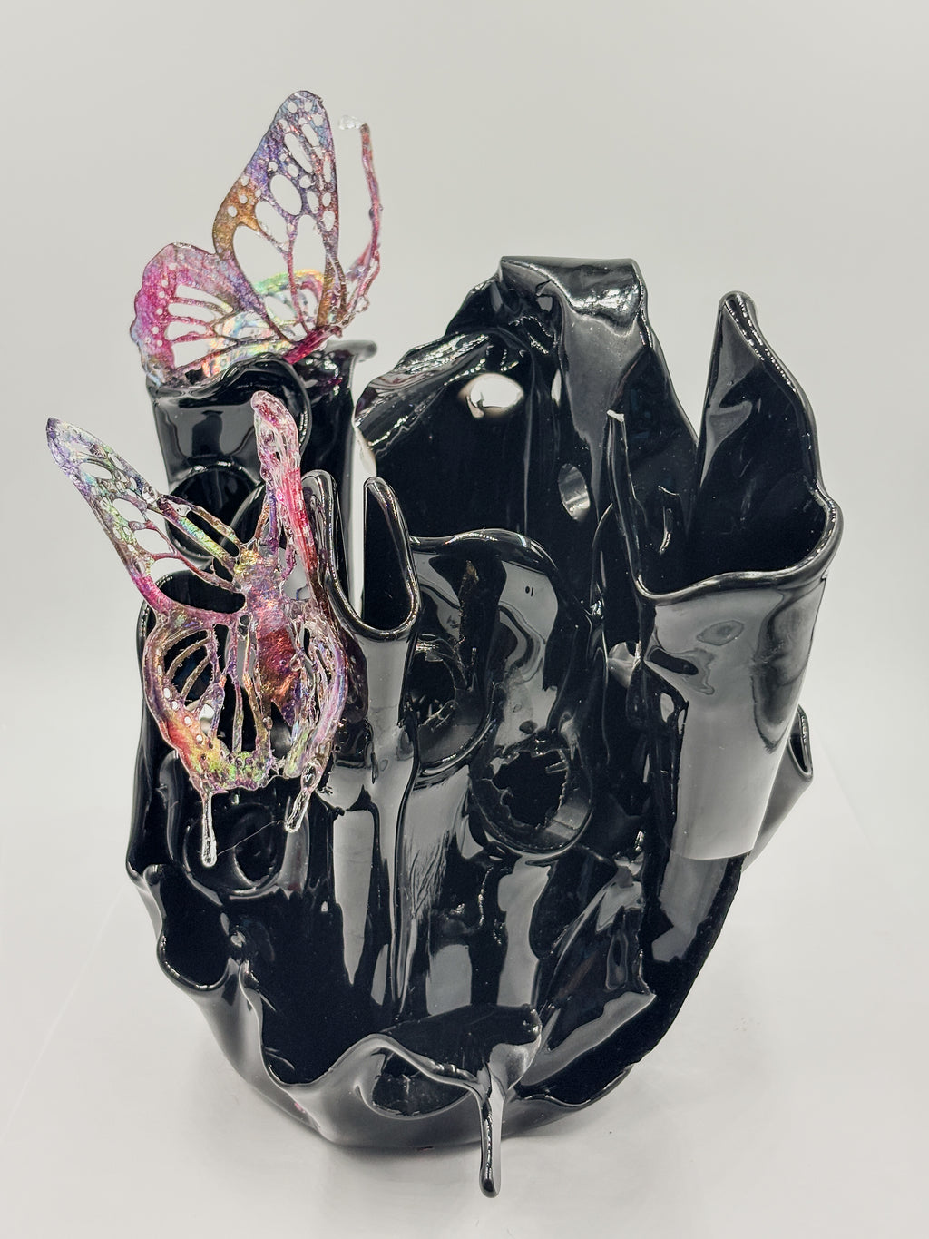 Black resin sculpture vase with butterflies