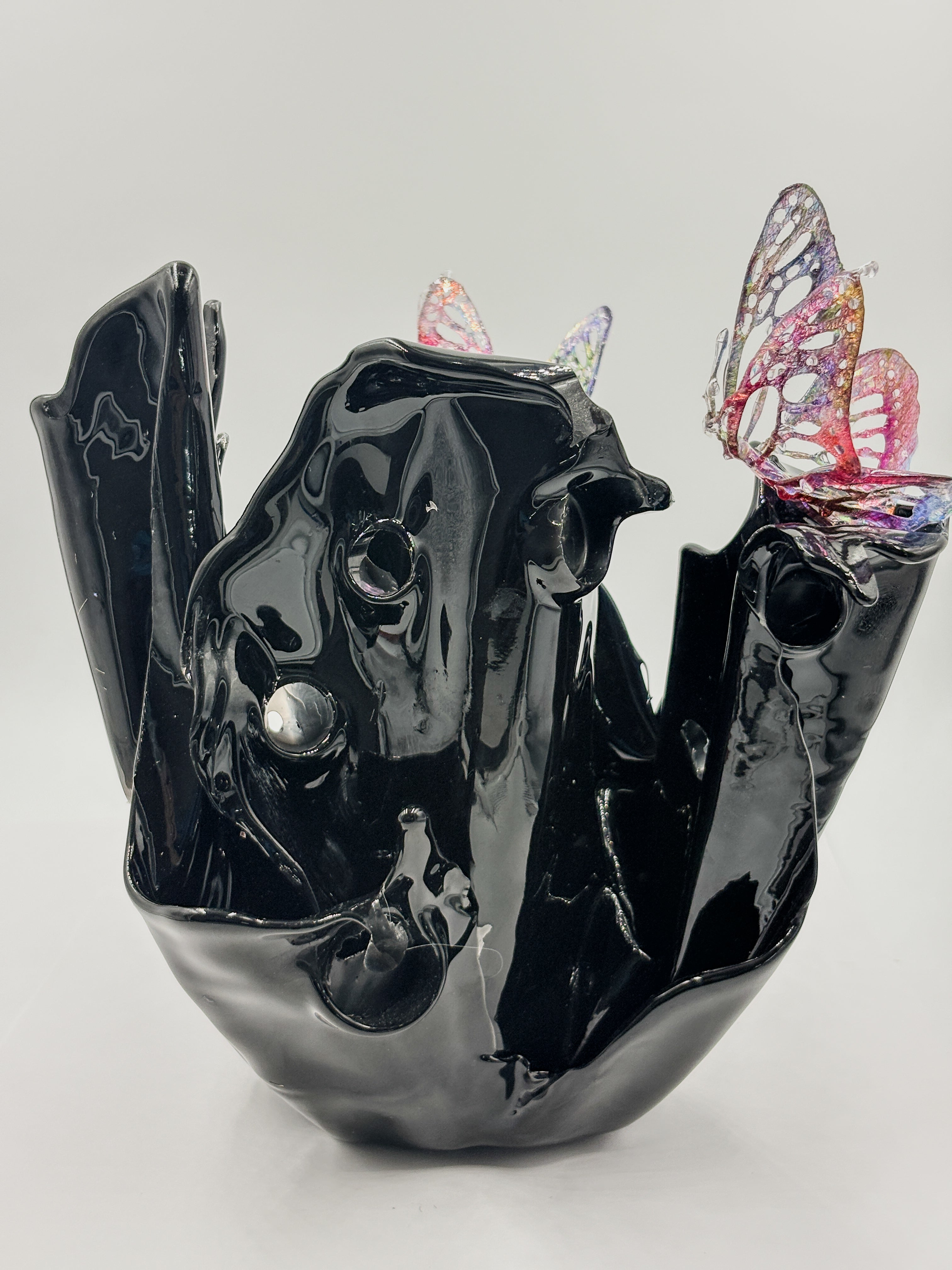 Black resin sculpture vase with butterflies