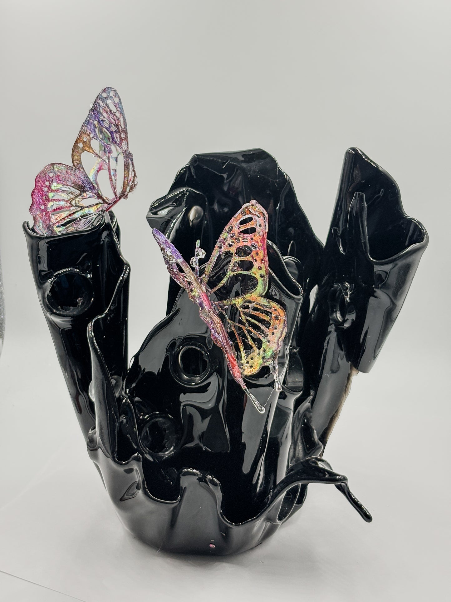Black resin sculpture vase with butterflies